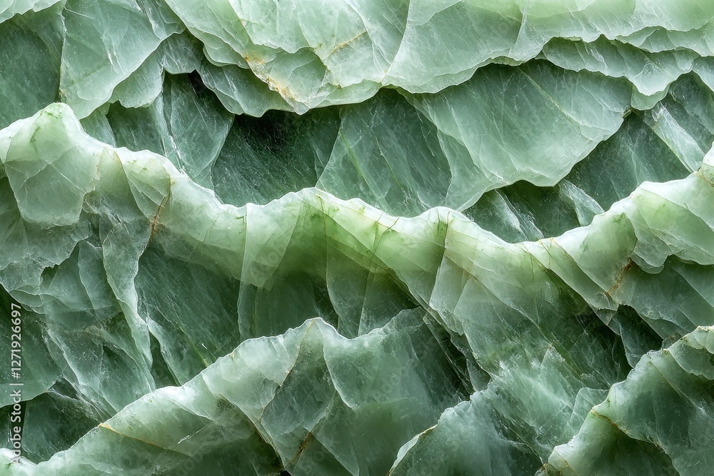 Obraz premium Close-up of layered green jade stone texture showcasing natural patterns, ideal for backgrounds in design, wellness, and spa-related visuals with elegance.