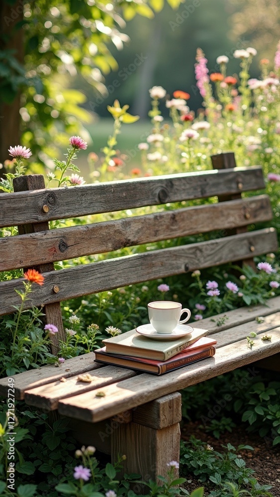 Wooden bench with books and tea in lush garden with colorful flowers Wooden bench with books and tea in lush garden with colorful flowers