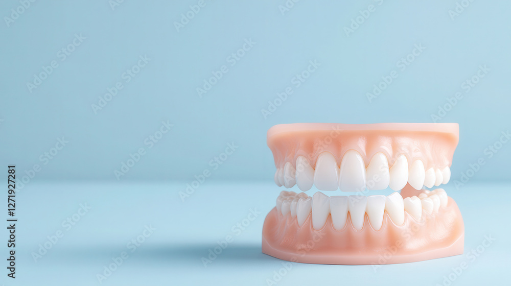 Obraz premium Detailed model showcasing human teeth arrangement against a blue background, highlighting the structure of incisors, canines, and molars. dentist, dentist, dentist, text background, flyer, banner