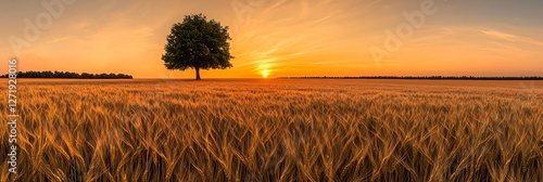 A golden wheat field with a lone tree under a vivid sunset, centered on a solid cream background