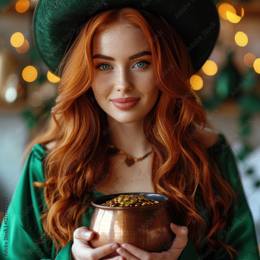 Fototapeta premium A young woman with long red hair and blue eyes smiles while holding a pot filled with gold. She wears a green dress and a wide-brimmed hat with festive lights illuminating the cozy setting.