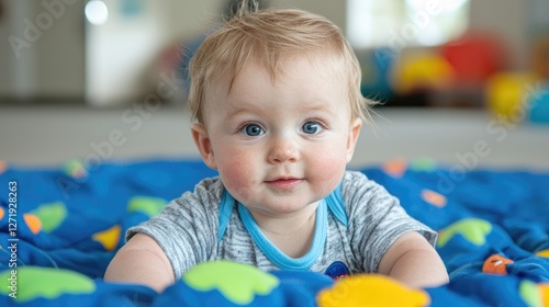 Baby boy, smiling, play area, indoor, happy, potential stock photo
