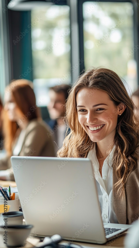 Woman smiles while using a laptop Woman smiles while using a laptop