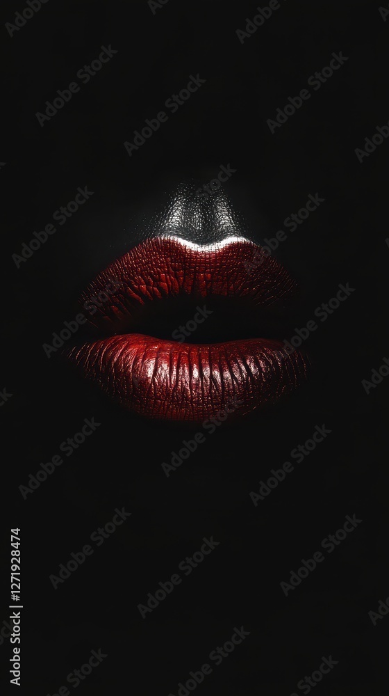 Obraz premium Dark lips with deep red lipstick against a black backdrop