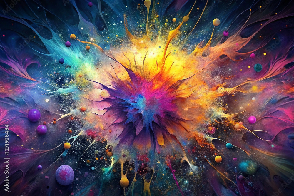 Fototapeta premium Colorful explosion, abstract paint splatters, vibrant space, cosmic background