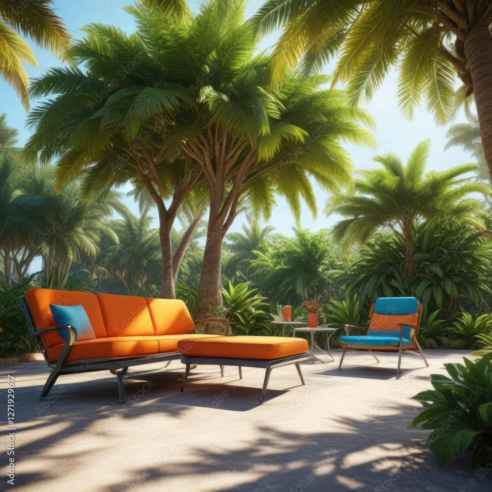 Fototapeta premium Colorful airport furniture under the shade of a tropical tree, comfortable seating, colorful furniture, greenery