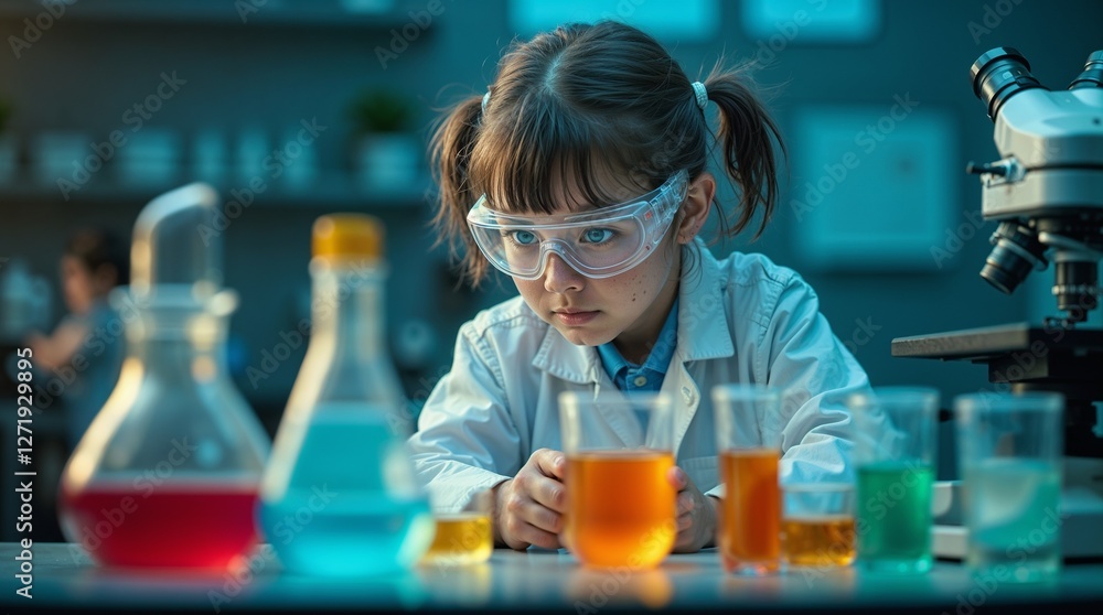 Young Scientist in Lab Coat – Child Exploring Chemistry Experiment with Colorful Test Tubes Young Scientist in Lab Coat – Child Exploring Chemistry Experiment with Colorful Test Tubes