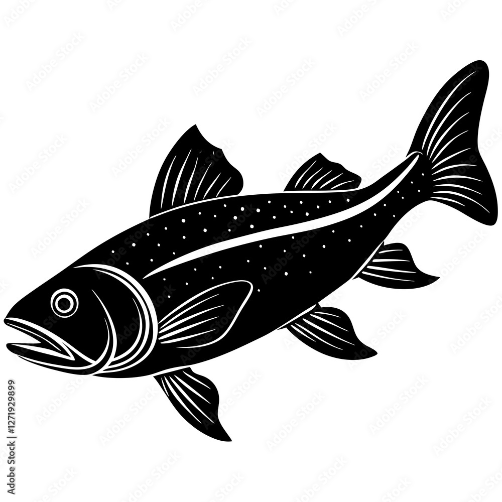 Fototapeta premium Black and White Stylized Trout Illustration , Detailed black and white vector illustration of a trout, featuring bold lines, fins, and speckled body, ideal for fishing-related designs. 