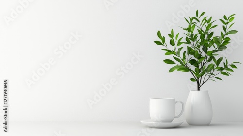 Wallpaper Mural Minimalist home office, white cup, plant, calm background Torontodigital.ca