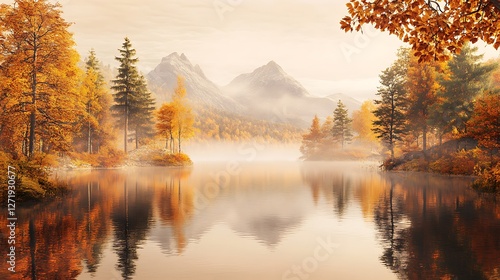 A peaceful lake surrounded by autumn trees with a misty mountain backdrop, centered on a solid soft beige background