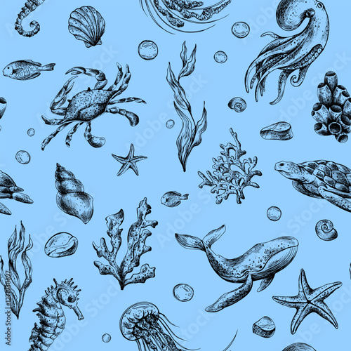 Underwater world clipart with sea animals whale, turtle, octopus, seahorse, starfish, shells, coral and algae. Graphic illustration hand drawn in black ink. Seamless pattern EPS vector on a blue