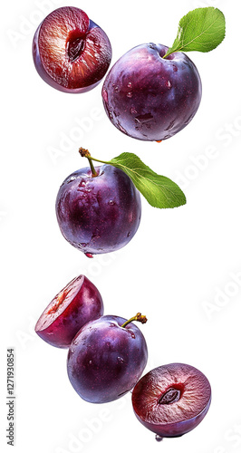Assortment of crimson plums on a blank canvas.