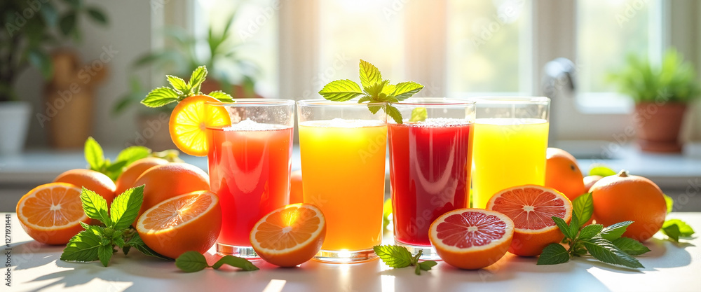 Fototapeta premium Assortment of freshly squeezed fruit juices displayed in vibrant glassware on a sunny kitchen counter, health and wellness concept.