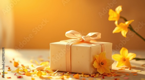 A beautifully wrapped gift with delicate ribbons, complemented by daffodils in a warm, inviting setting.