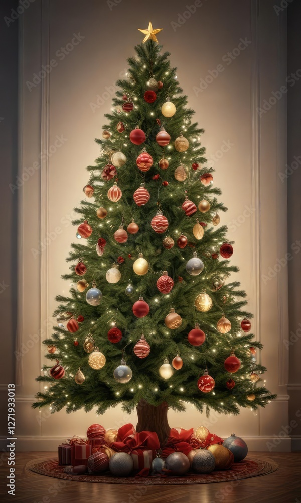 Decorated tree with a variety of ornaments and lights, garlands, wreaths Decorated tree with a variety of ornaments and lights, garlands, wreaths