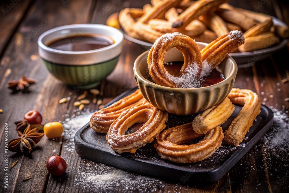 Fototapeta premium Golden Churros with Velvety Chocolate Sauce - Traditional Spanish Dessert