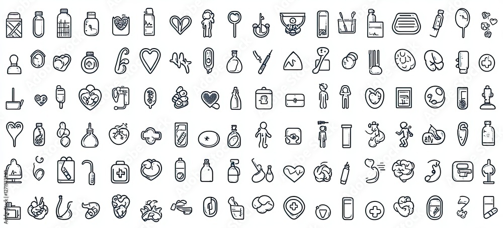 A grid of thin, simple line art icons representing different aspects and styles in medical illustration A grid of thin, simple line art icons representing different aspects and styles in medical illustration