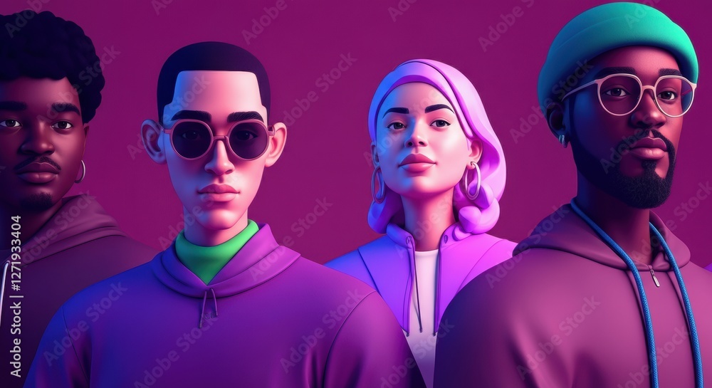 Group of four stylish individuals with vibrant colors and modern fashion Group of four stylish individuals with vibrant colors and modern fashion