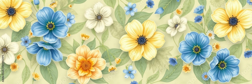 delicate floral pattern with muted flowers in shades of blue yellow and white on a soft green leaf background, decoration, botanical delicate floral pattern with muted flowers in shades of blue yellow and white on a soft green leaf background, decoration, botanical