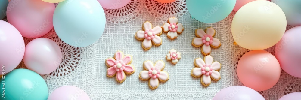 Delicate flower-shaped sugar cookies arranged in a pattern on a lace tablecloth surrounded by pastel-colored balloons, pastel colors, whimsical desserts Delicate flower-shaped sugar cookies arranged in a pattern on a lace tablecloth surrounded by pastel-colored balloons, pastel colors, whimsical desserts