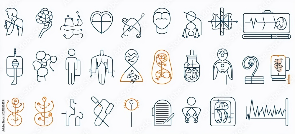 A grid of thin, simple line art icons representing different aspects and styles in medical illustration A grid of thin, simple line art icons representing different aspects and styles in medical illustration