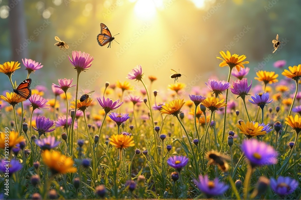 Sunlit field of wildflowers with butterflies and bees in blooming meadow Sunlit field of wildflowers with butterflies and bees in blooming meadow