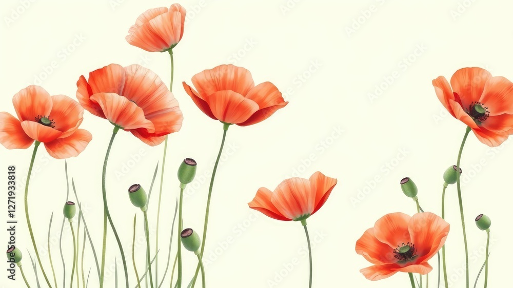 Obraz premium Delicate red poppy flowers blooming in a soft light green pastel seamless background watercolor style, minimalist design, pastel colors