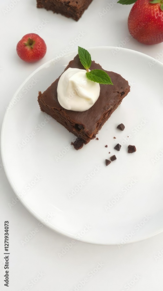 Delicious chocolate brownie with a dollop of fresh cream on a white plate, culinary, bakery Delicious chocolate brownie with a dollop of fresh cream on a white plate, culinary, bakery