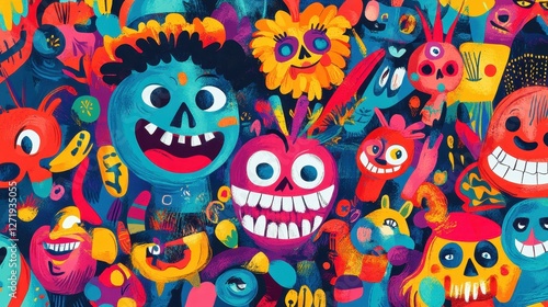 Wallpaper Mural Cartoonish vibrant monsters with skulls and wide grins populate scene Torontodigital.ca