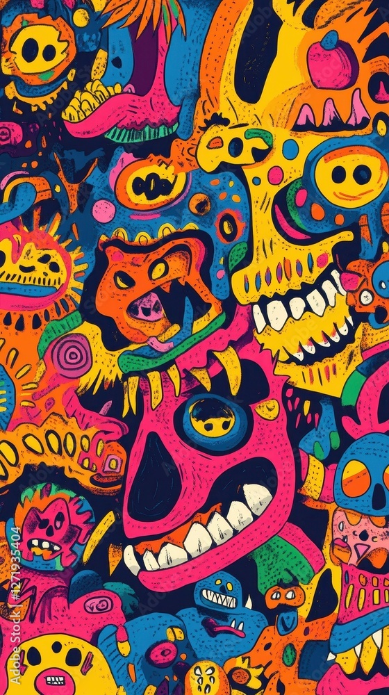 Colorful collage of monsters and creatures with psychedelic vibrant designs Colorful collage of monsters and creatures with psychedelic vibrant designs
