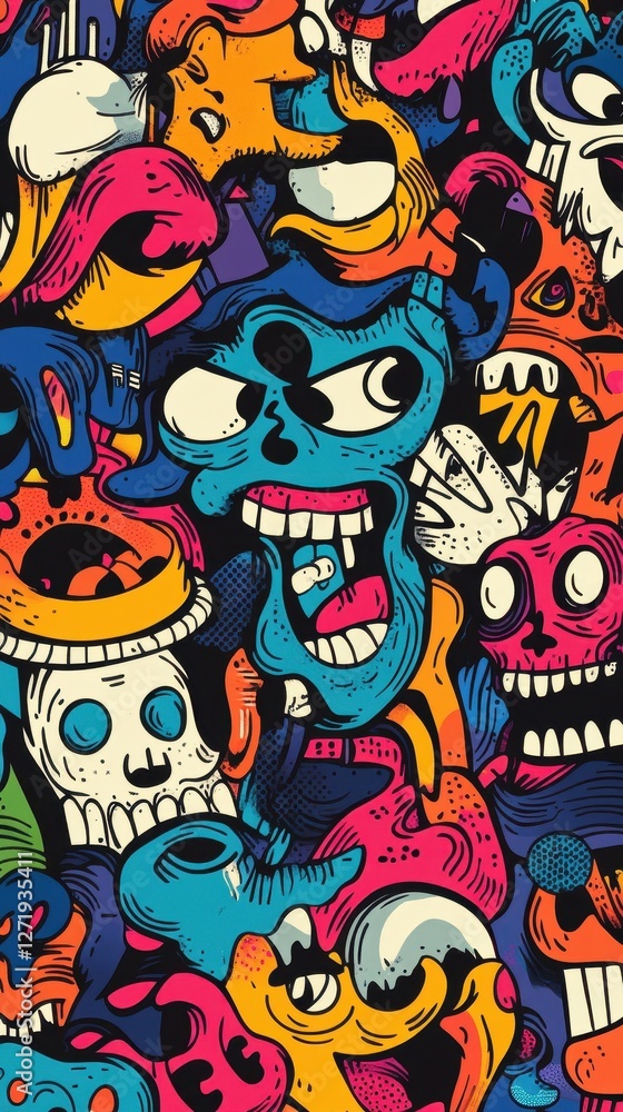 Obraz premium Colorful graffiti featuring various cartoon skulls and monster faces