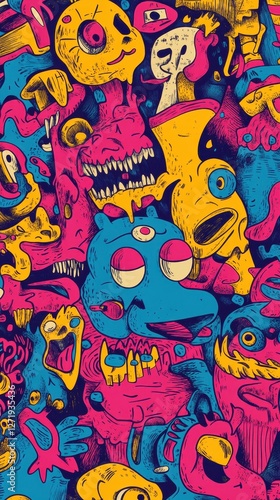 Wallpaper Mural Psychedelic illustration features colorful cartoon monsters in a chaotic arrangement Torontodigital.ca