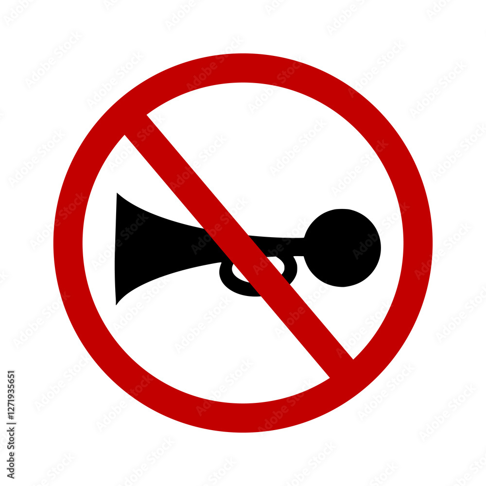 No horn sign with a red prohibition symbol. Represents silence zones, restricted noise areas, and traffic regulations. Ideal for road signs, public spaces, and noise control concepts. white background No horn sign with a red prohibition symbol. Represents silence zones, restricted noise areas, and traffic regulations. Ideal for road signs, public spaces, and noise control concepts. white background