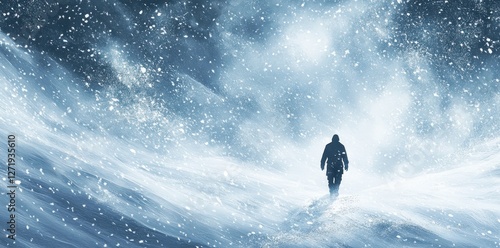 A lone figure trudges through a blinding snowstorm landscape