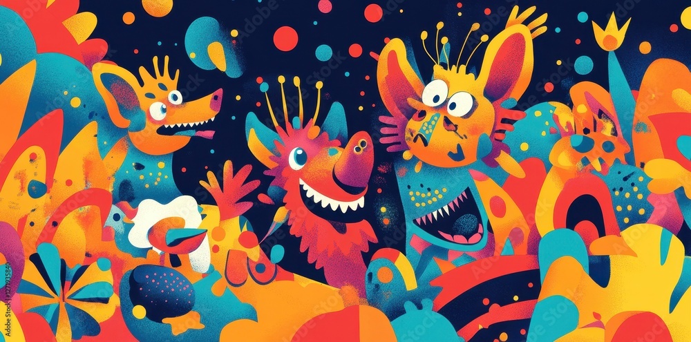 Colorful cartoon creatures frolic in a whimsical and vibrant landscape Colorful cartoon creatures frolic in a whimsical and vibrant landscape