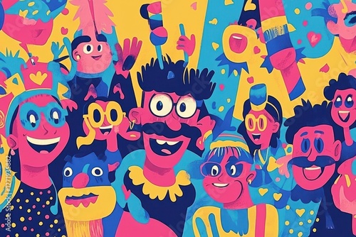Cheerful cartoon style illustration showing a group of celebrating people