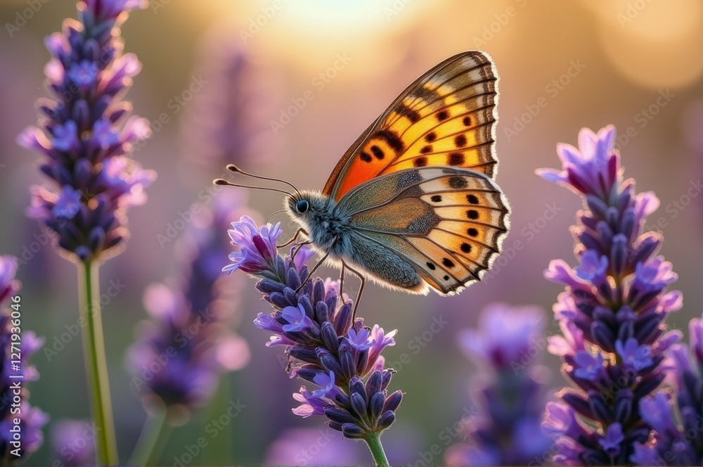 Vibrant butterfly on lavender flowers at sunset Vibrant butterfly on lavender flowers at sunset