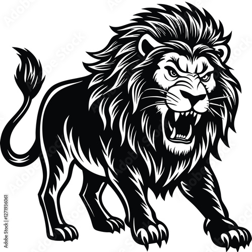 Majestic Lion Vector Illustration – Bold and Fierce Black and White Design. Powerful Lion Tattoo Design – Stunning Black and White Lion Art.