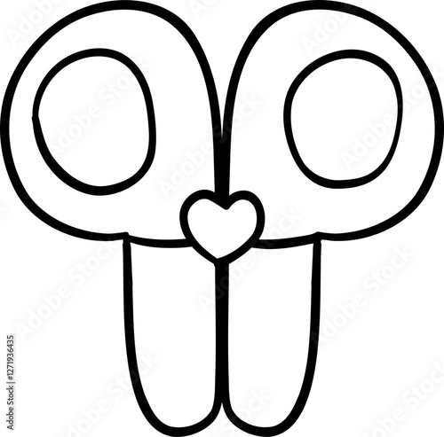 Simple black and white outline of a pair of scissors with a heart-shaped detail at the center. A minimalistic hand-drawn illustration perfect for crafting, stationery, and creativity themes