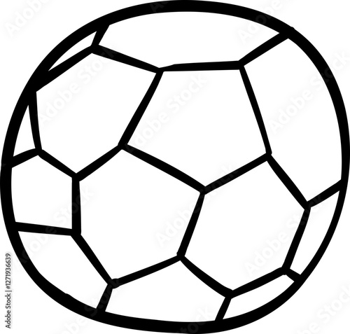 Simple black and white outline of a soccer ball with pentagonal and hexagonal patterns. A minimalistic hand-drawn illustration perfect for sports and football themes