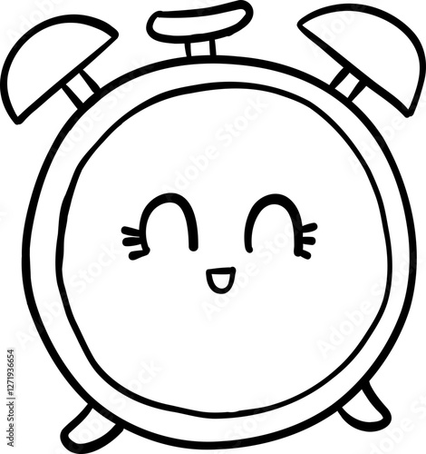 Black and white kawaii-style illustration of an alarm clock with a happy, smiling face. A playful hand-drawn design perfect for time, morning, and schedule themes