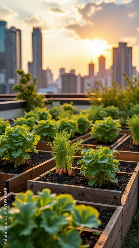 Fototapeta premium Urban rooftop garden with vibrant vegetables at sunset in a cityscape setting