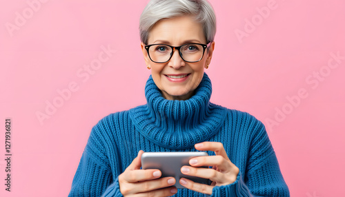 Wallpaper Mural Photo portrait of pretty retired female look empty space hold gadget wear trendy blue knitwear outfit isolated on pink color background, photo. with white shades Torontodigital.ca