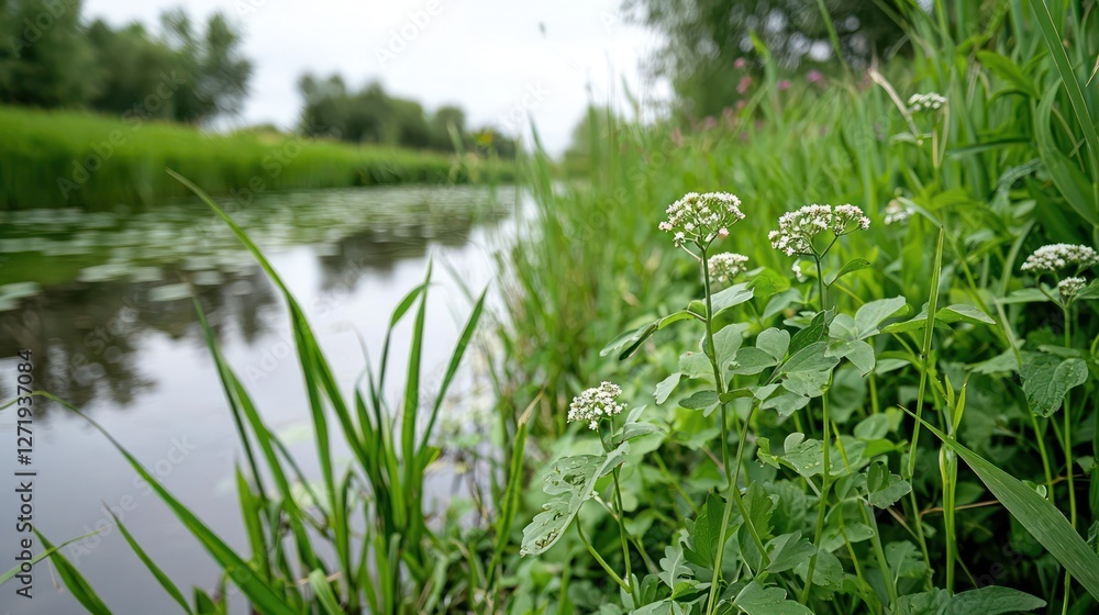 Obraz premium White Flowers and Lush Green Plants Growing Along a Calm River