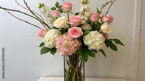 Fototapeta Naklejka Na Ścianę i Meble -  Elegant floral arrangement with long-stemmed roses peonies and hydrangeas, floral arrangement, peonies, elegant wedding, romantic wedding, spring flowers