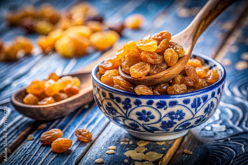 Golden Raisins on Wooden Spoon Above Blue and White Bowl - Stock Photo Golden Raisins on Wooden Spoon Above Blue and White Bowl - Stock Photo