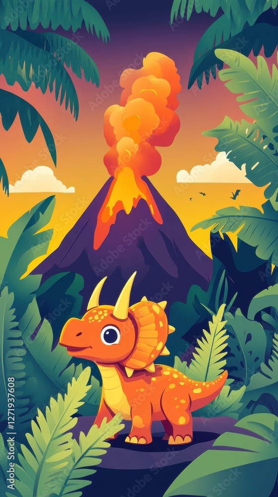 Cartoon triceratops stands before erupting volcano with tropical foliage Cartoon triceratops stands before erupting volcano with tropical foliage