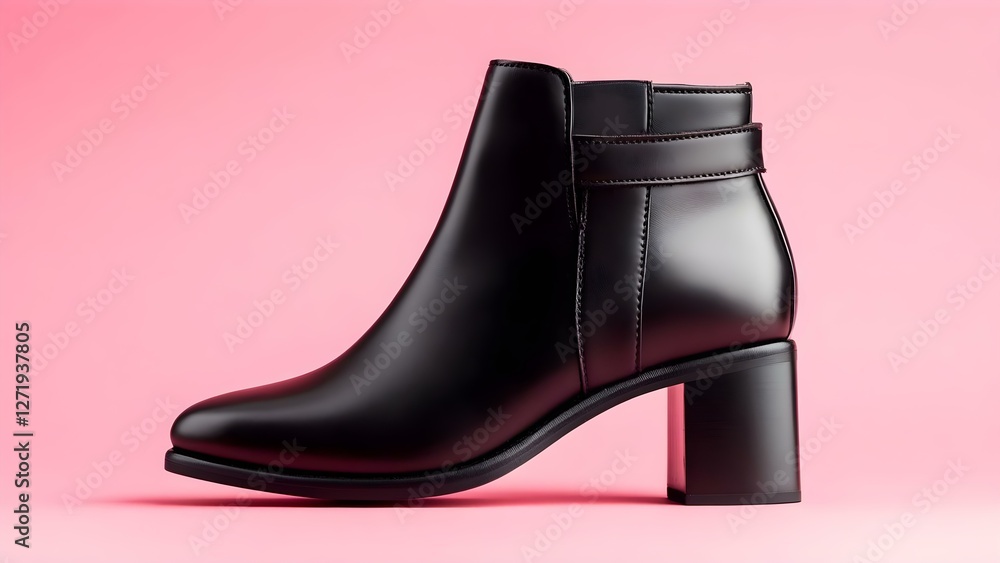 A sleek, black ankle boot with a block heel set against a pink background. Concept Sleek Ankle Boot, Block Heel Design, Fashion Photography, Pink Background, Stylish Footwear A sleek, black ankle boot with a block heel set against a pink background. Concept Sleek Ankle Boot, Block Heel Design, Fashion Photography, Pink Background, Stylish Footwear