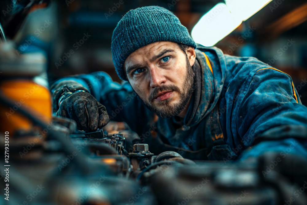 Fototapeta premium Working Class Mechanic Focused on Repairs in a Garage Setting