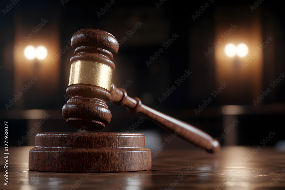 Wooden gavel on table with soft light shining in background illuminating justice and legal concepts symbolically. Wooden gavel on table with soft light shining in background illuminating justice and legal concepts symbolically.